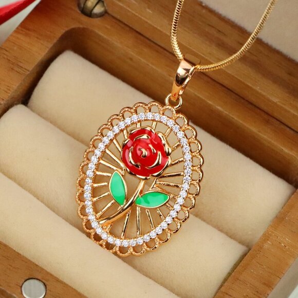 "Rose Gold Oval Pendant with Red Rose and Green Leaf Enamel Design, XPPT1379 - Picture 1 of 13